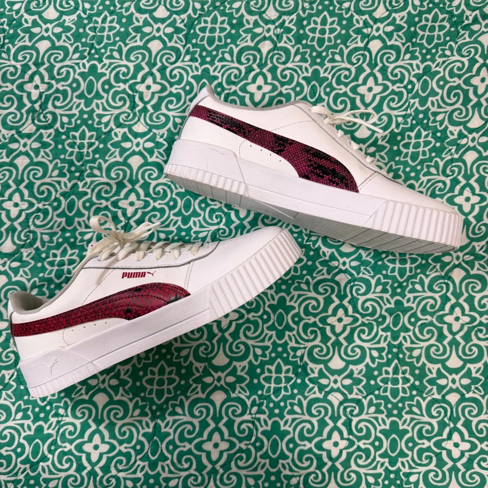 Puma Carina Lift Snake White Burgundy Platform Sneakers 382384-01 Womens 11